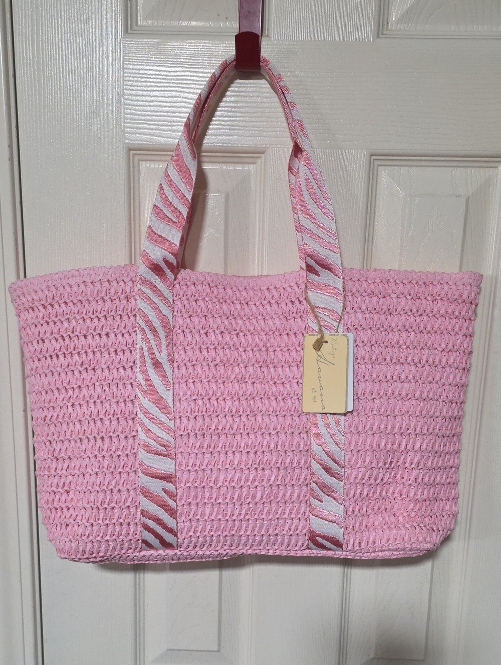 Havana Pink Woven Tote with Zebra-Pattern Straps